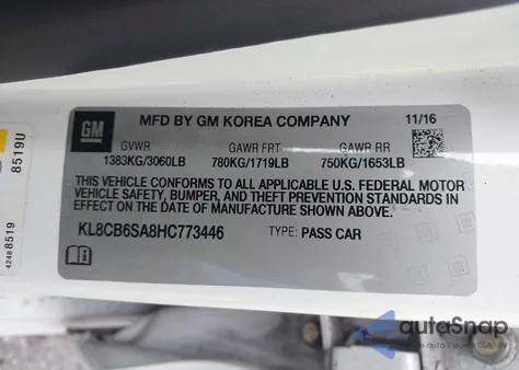 2017 Chevrolet Spark Ls Cvt z USA, uszkodzony, nr VIN KL8CB6SA8HC773446